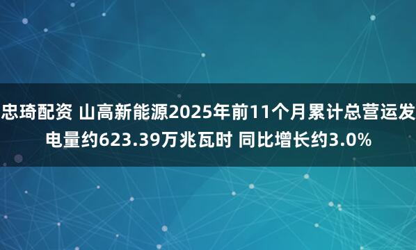 忠琦配资 山高新能源2025年前11个月累计总营运发电量约623.39万兆瓦时 同比增长约3.0%